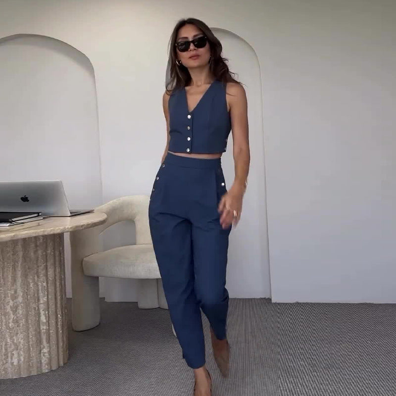 Solid Color Vest and Casual Pants Two Piece Set