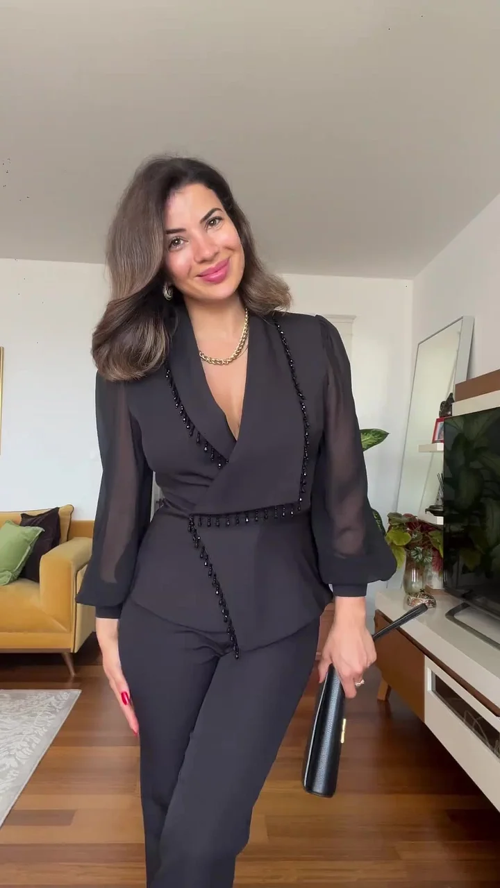Women's Mesh Beaded Top & Wide-Leg Pants Set