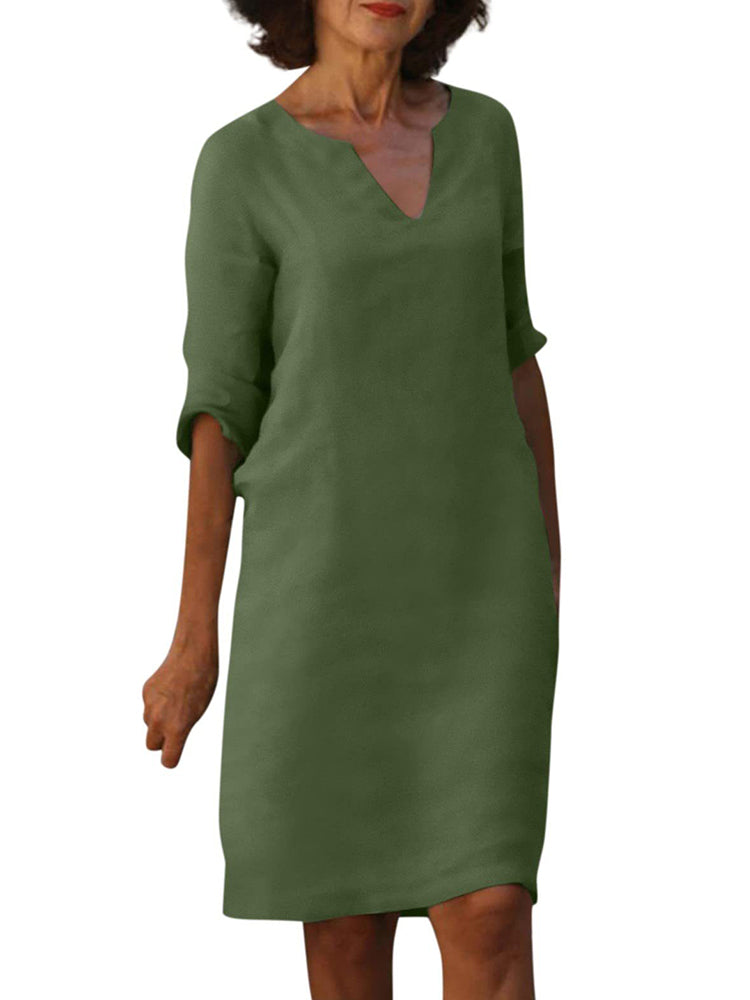 V-neck High Waist Solid Color Three-quarter Sleeve Dress
