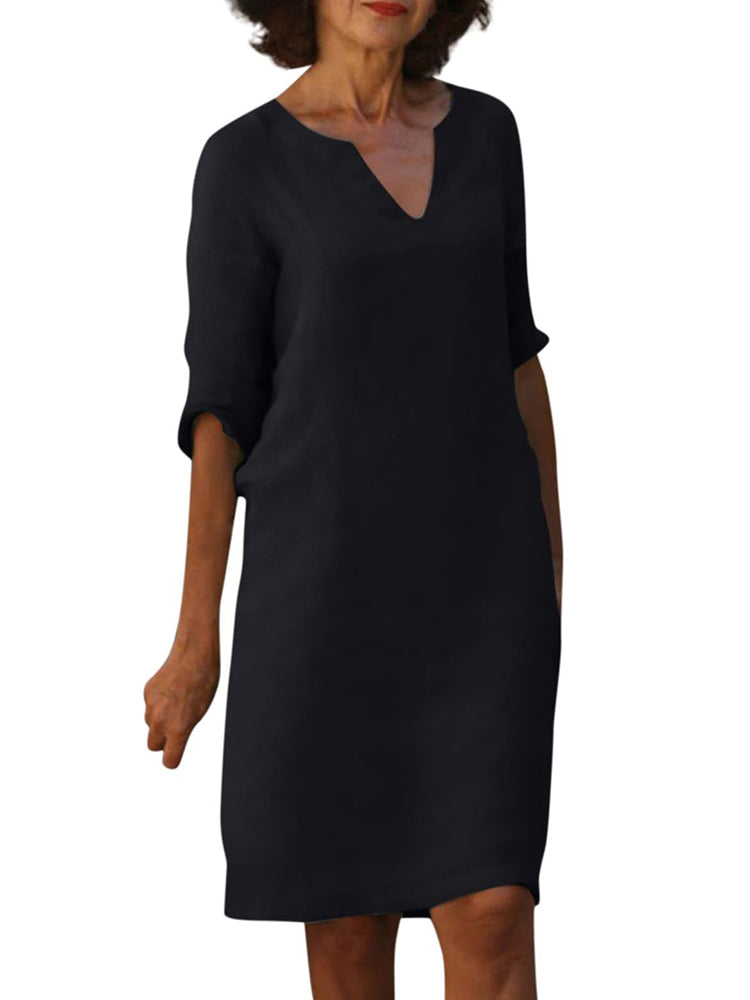 V-neck High Waist Solid Color Three-quarter Sleeve Dress