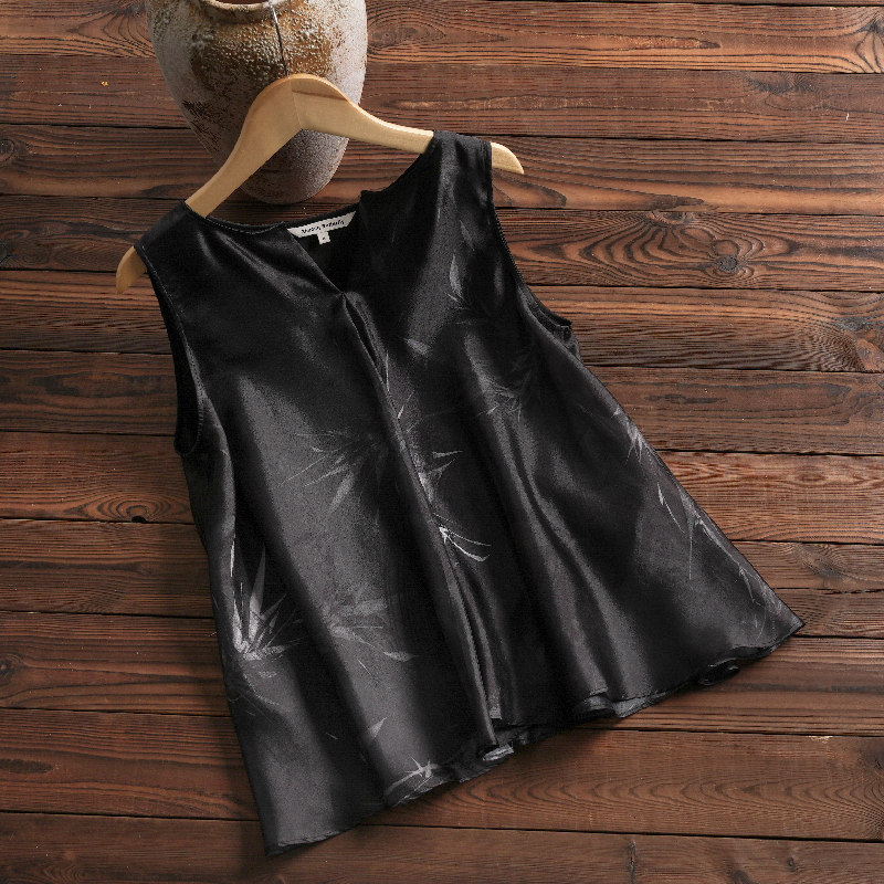 Bamboo Printed Sleeveless Chiffon Double Layer Top