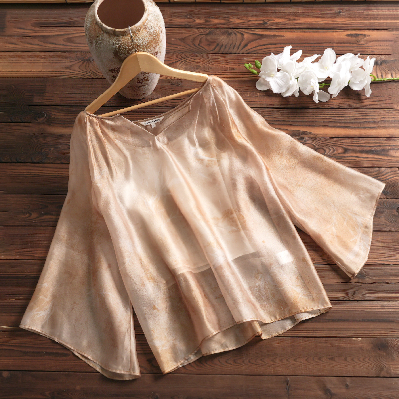 Pleated Neckline Bamboo Leaf Printed Top