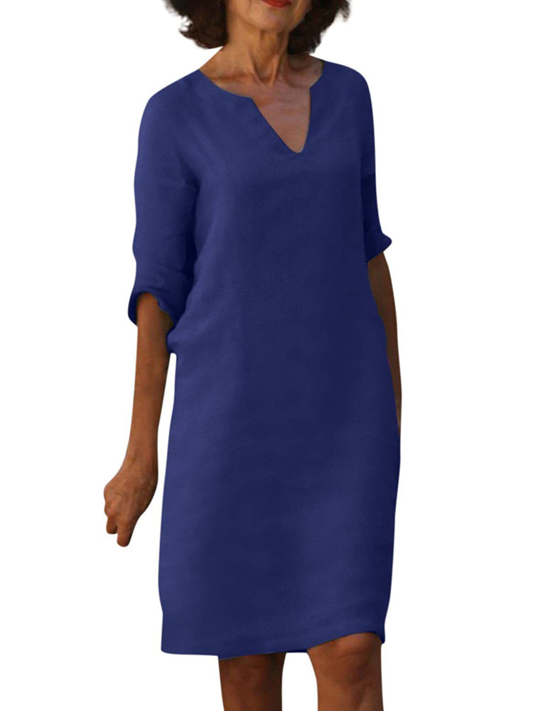 V-neck High Waist Solid Color Three-quarter Sleeve Dress
