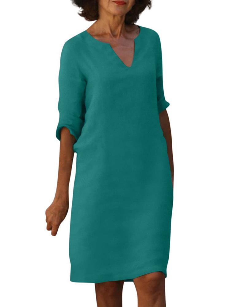 V-neck High Waist Solid Color Three-quarter Sleeve Dress
