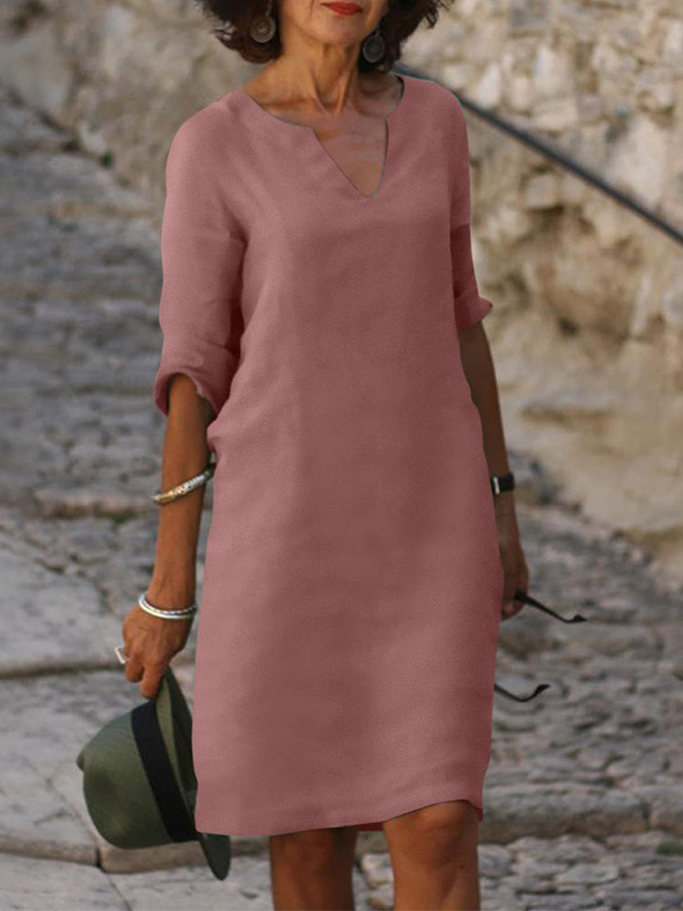 V-neck High Waist Solid Color Three-quarter Sleeve Dress