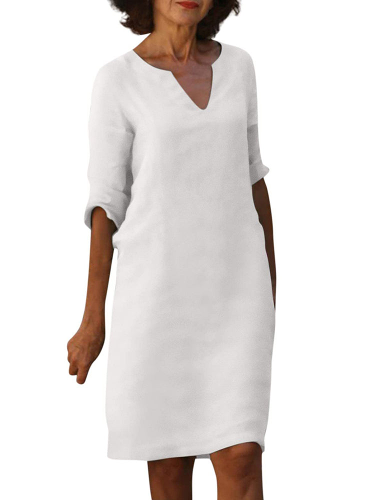 V-neck High Waist Solid Color Three-quarter Sleeve Dress