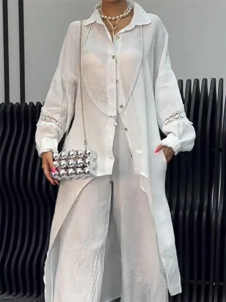 Irregular Hem Long Sleeve Top Wide Leg Pants Set