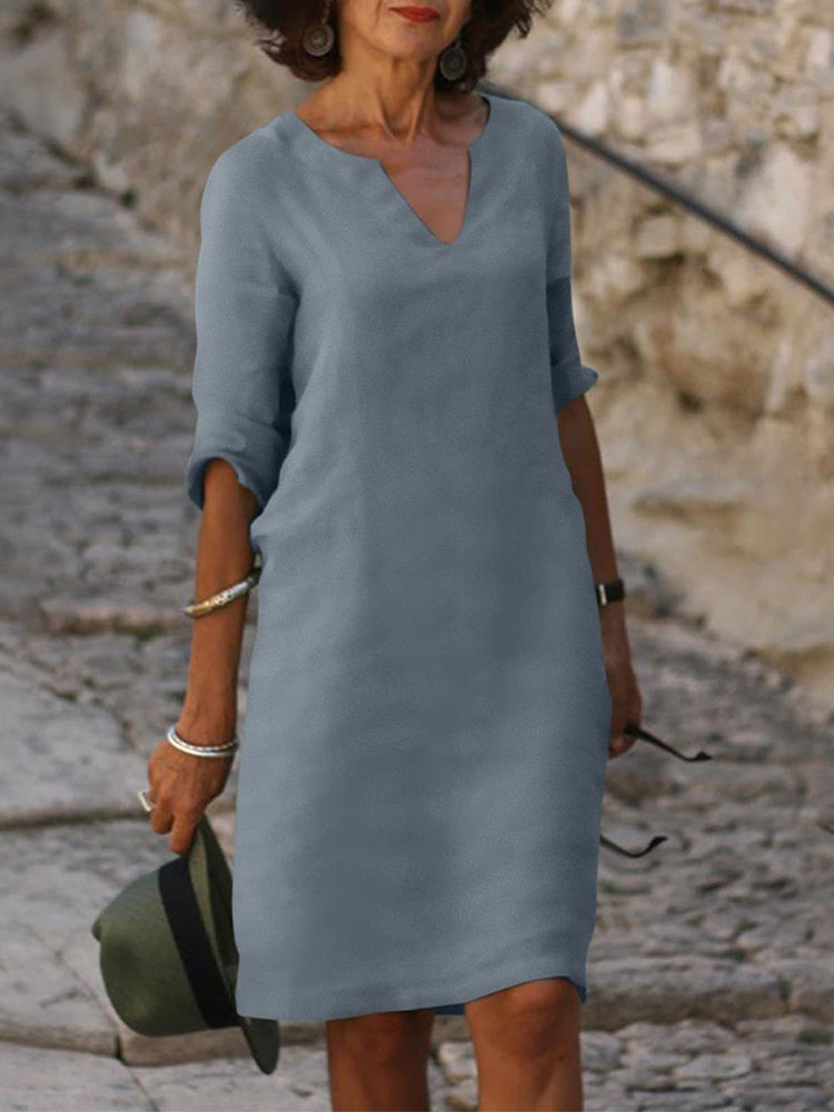V-neck High Waist Solid Color Three-quarter Sleeve Dress