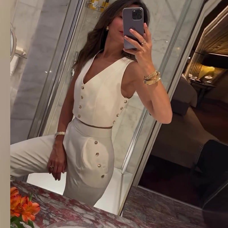Solid Color Vest and Casual Pants Two Piece Set