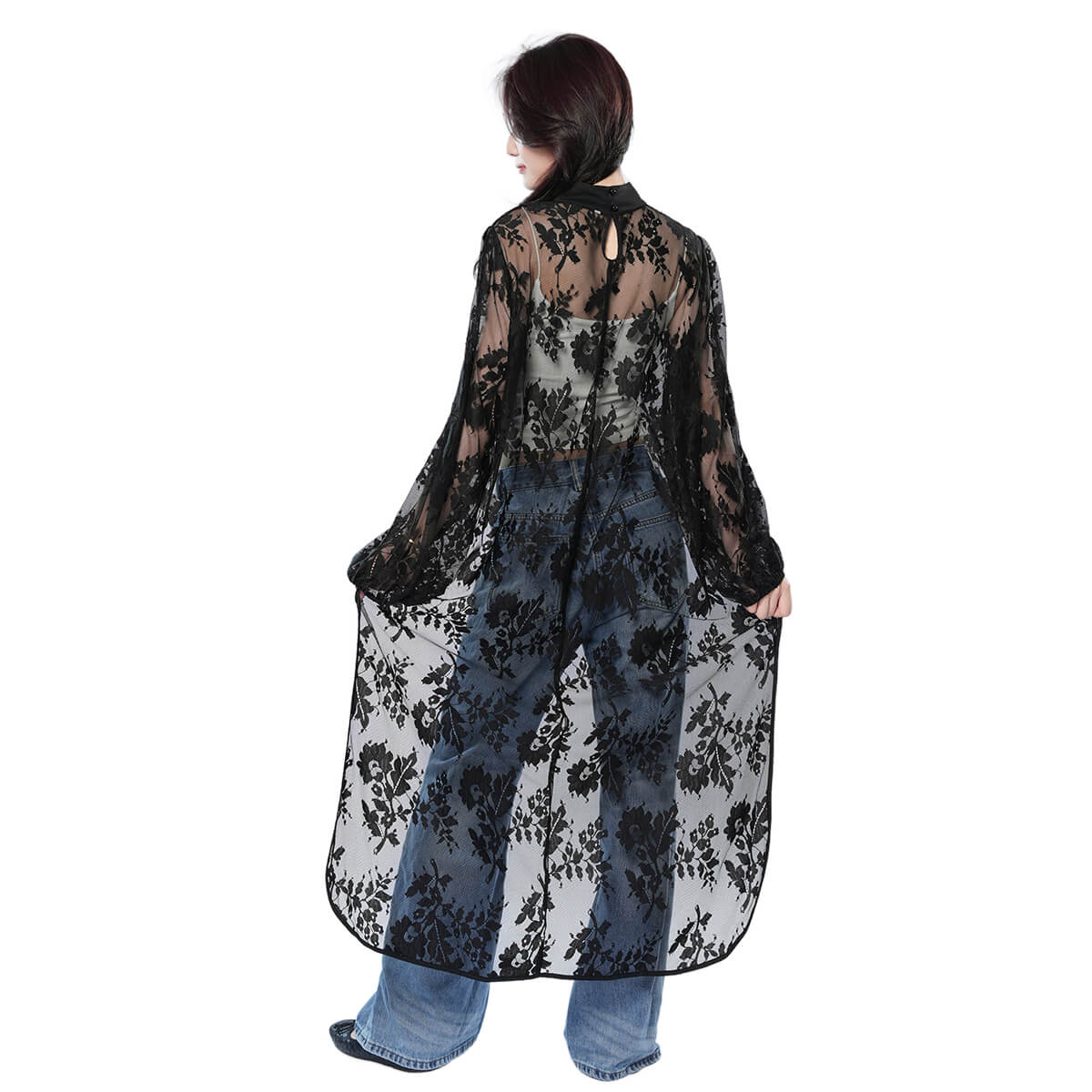 Half Turtleneck Short Front and Long Back Lace See-through Top