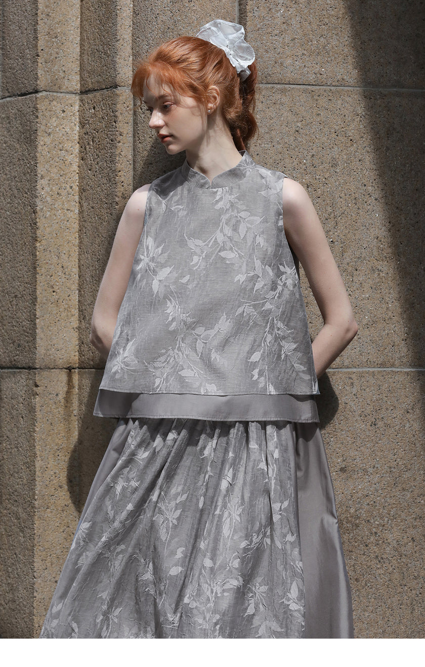 Round Neck Printed Double-Layer Shirt and Skirt Set