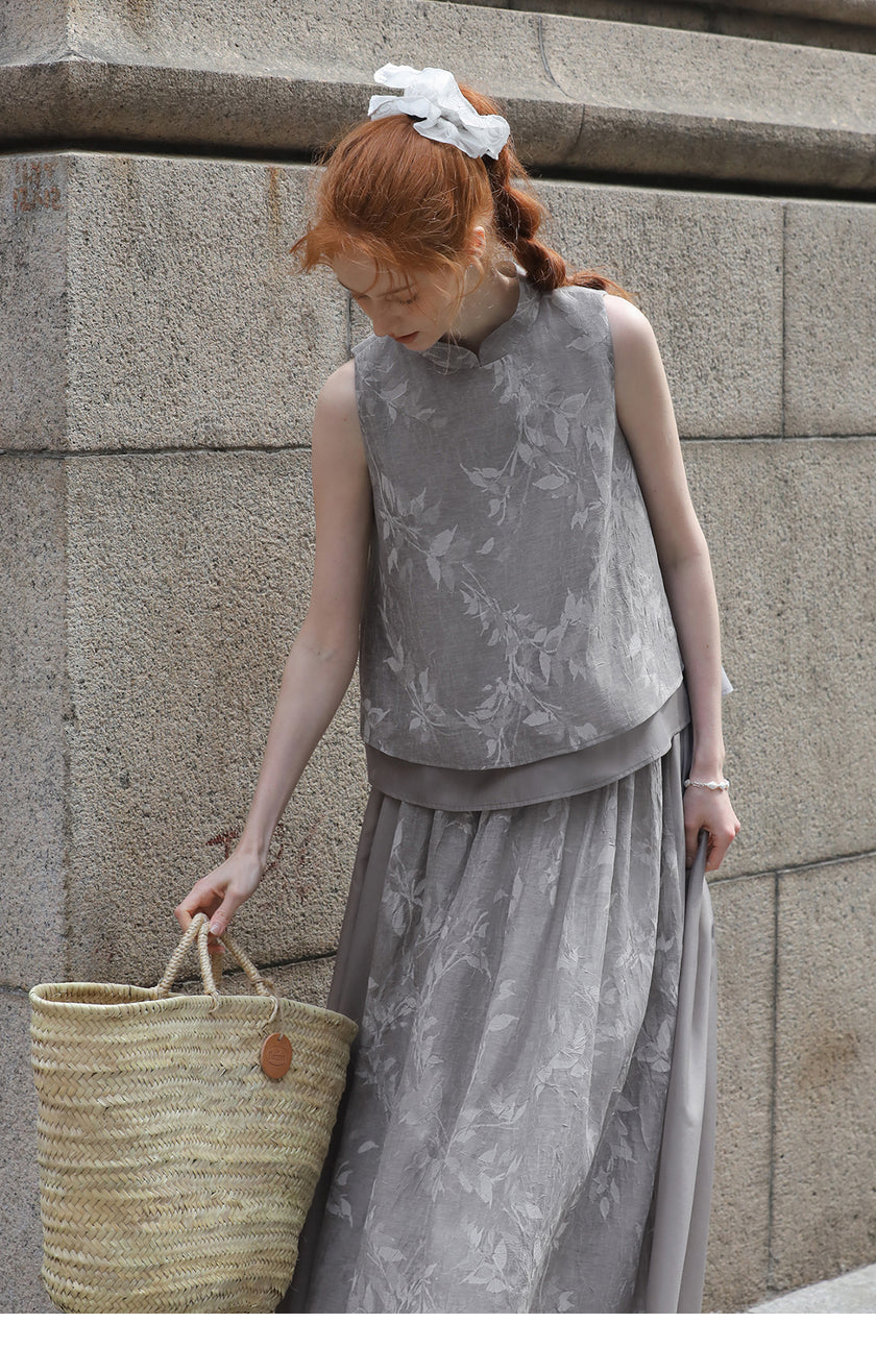 Round Neck Printed Double-Layer Shirt and Skirt Set