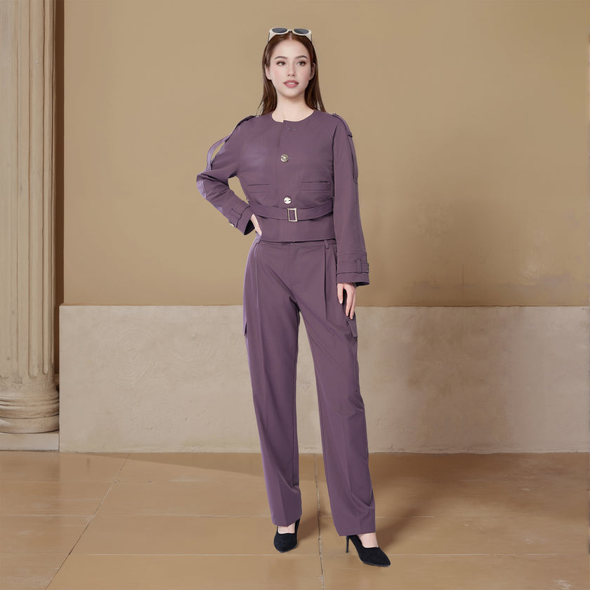 Raglan Sleeves Belted Short Jacket and Pleated Pants Set