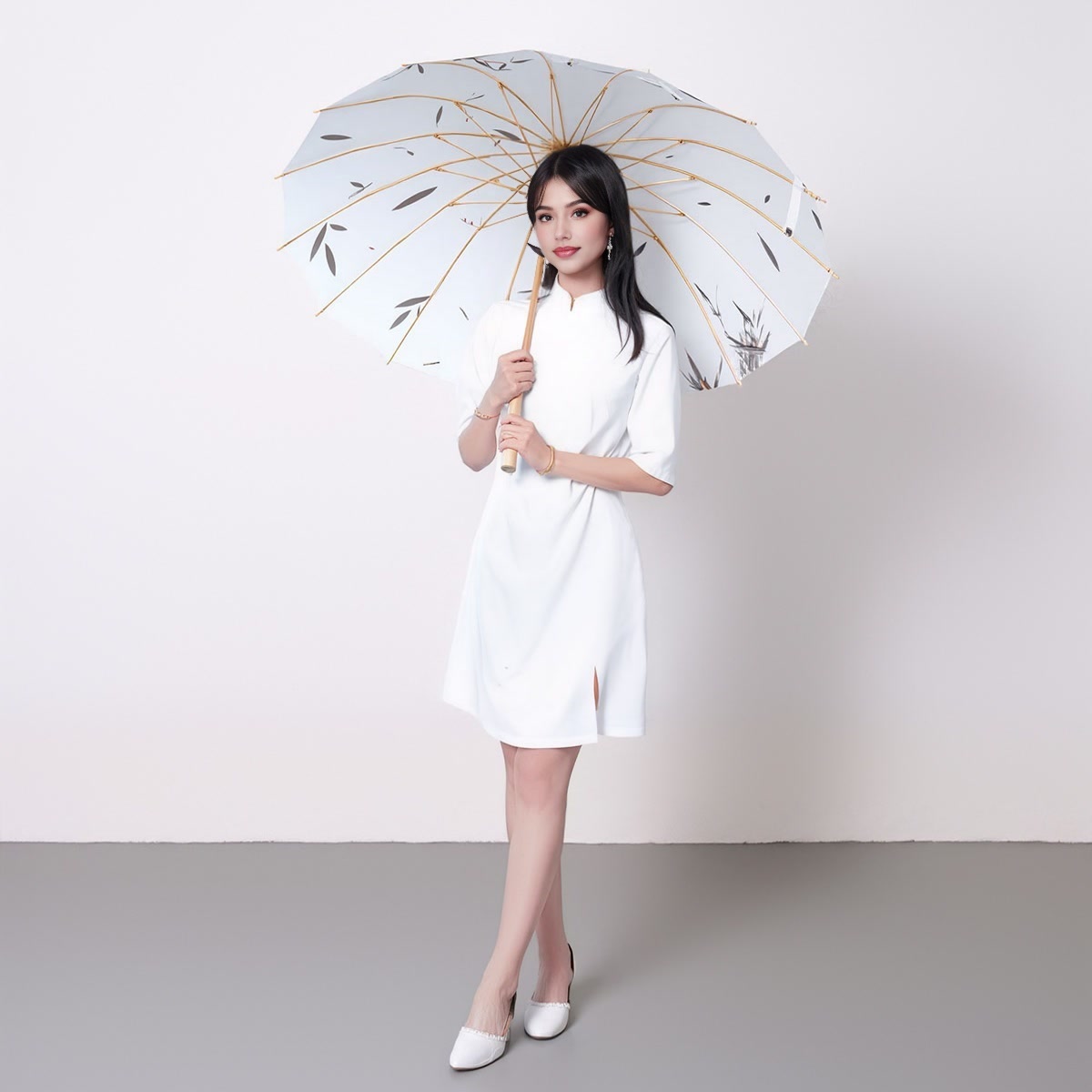 Stand Collar Half Sleeve Side Split Midi Dress