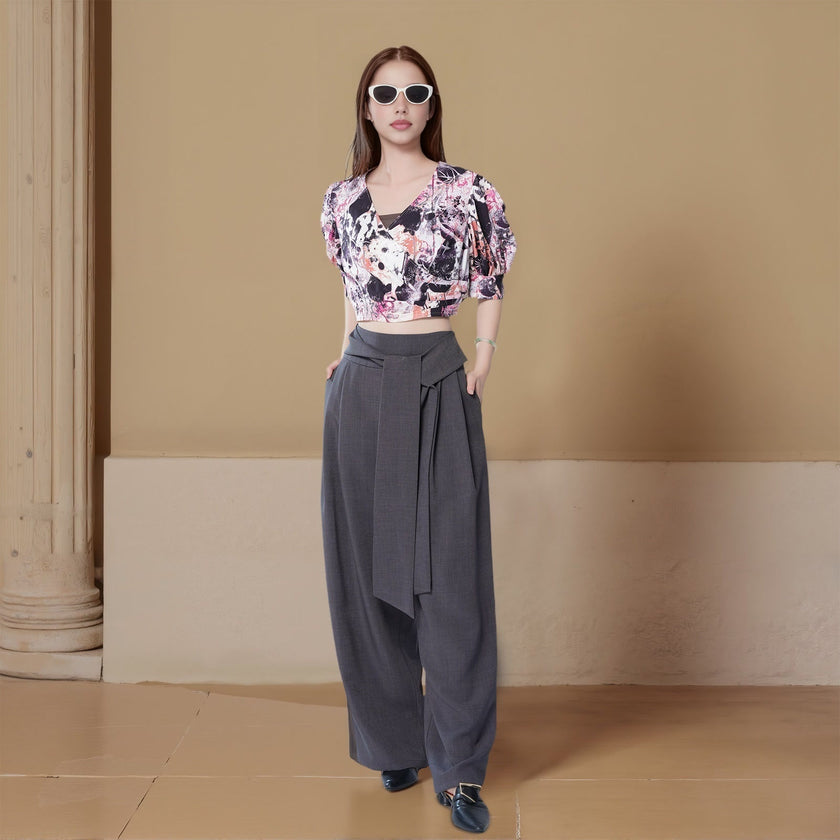 Cross Collar Loose Sleeve Printed Shirt