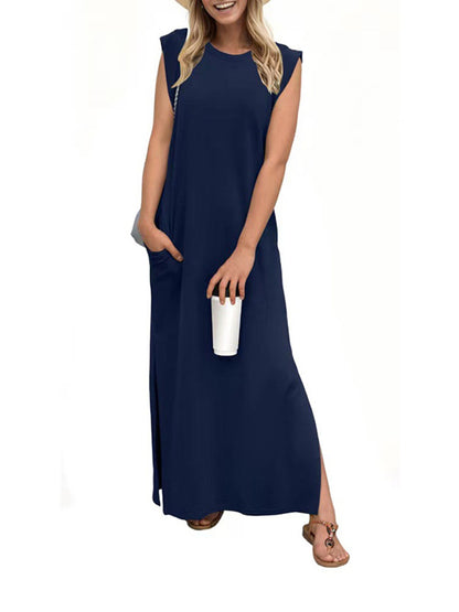 Solid Color Round Neck Side Slit Pocket Dress