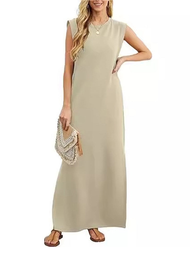 Solid Color Round Neck Side Slit Pocket Dress