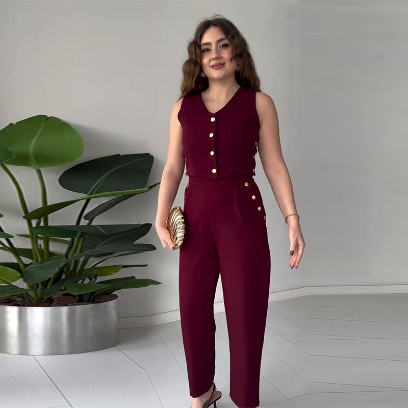 Solid Color Vest and Casual Pants Two Piece Set