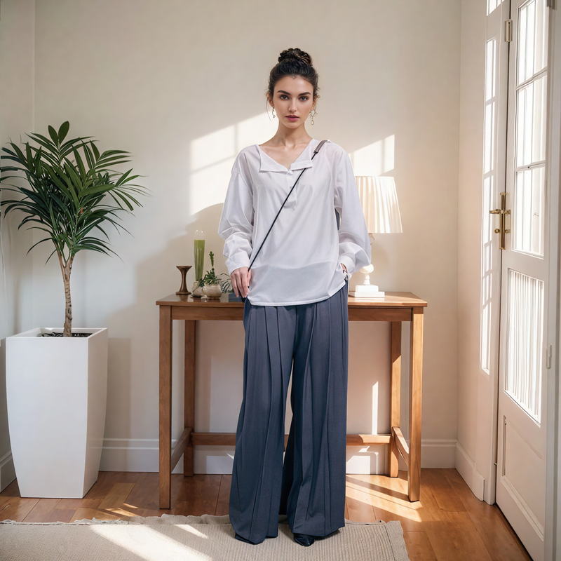 Unique Waistband Front Pleats Wide-leg Pants
