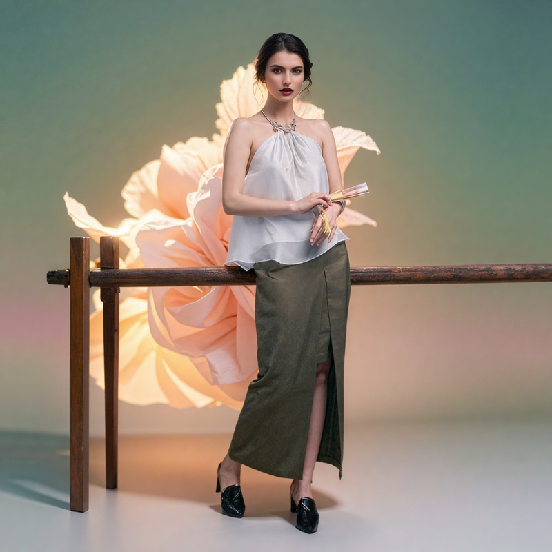 Bamboo Leaf Jacquard Wrap-style Split Skirt