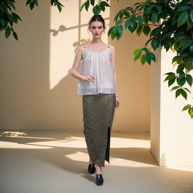 Beaded Straps Bamboo-printed Asymmetrical Hemline Top