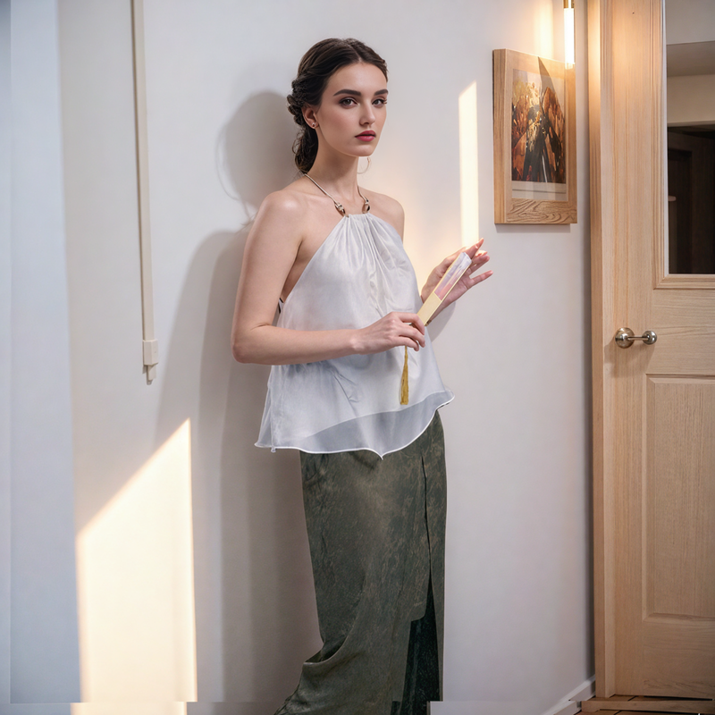 Beaded Straps Halter Asymmetrical Top