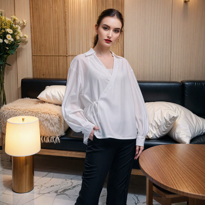 Crossover Front Lantern Sleeves Beaded Ties Top