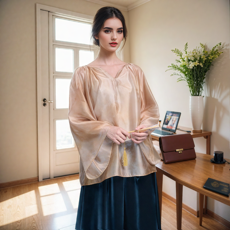 Pleated Neckline Bamboo Leaf Printed Top