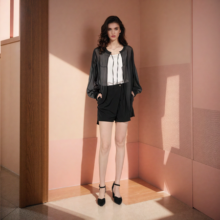 Round Neck Drawstring Pleated Cuffs Top