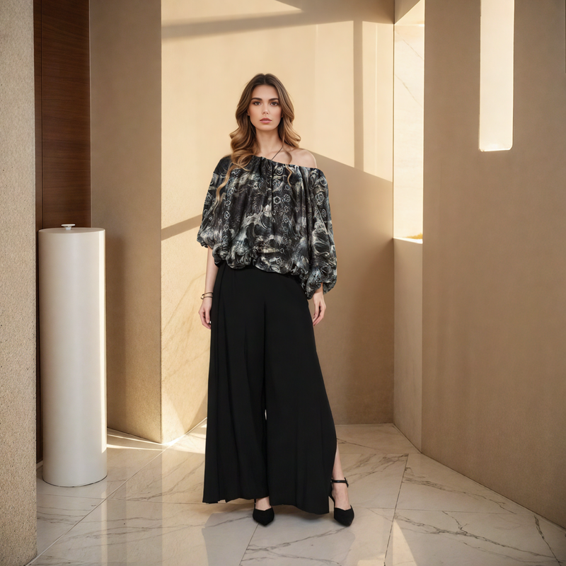 Gathered Neckline 3/4 Sleeves Printed Top