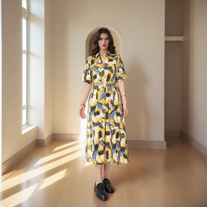 V-neck Irregular Sleeve Drawstring Printed Dress