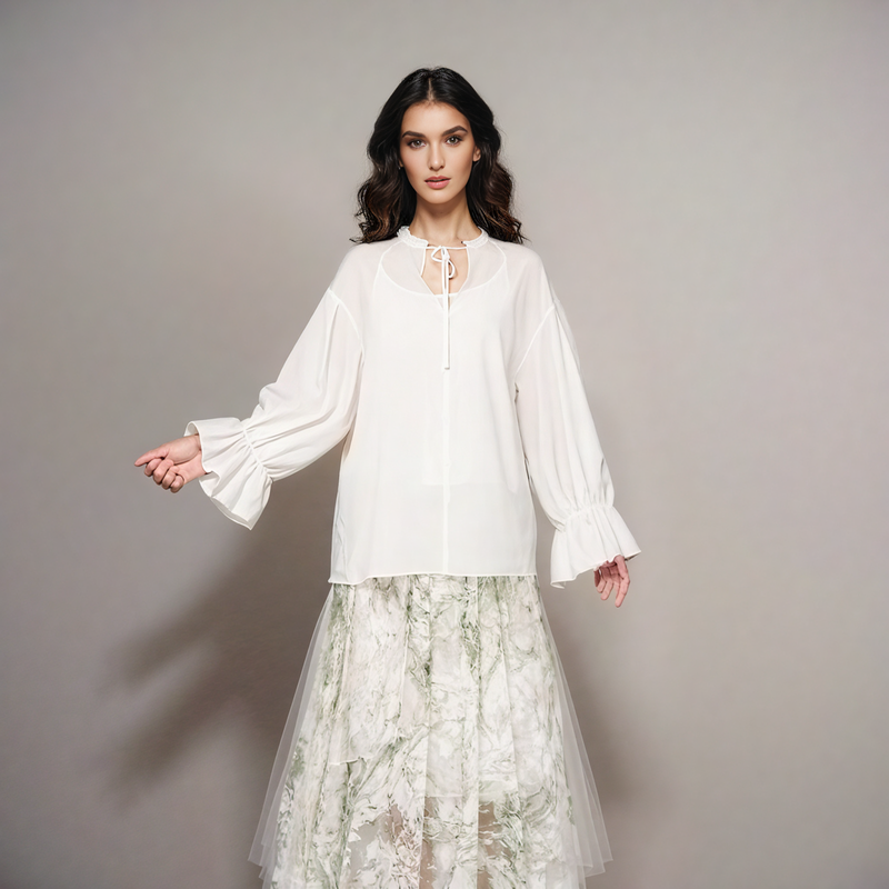 V-Neck Ruffle Sleeve Drawstring Top