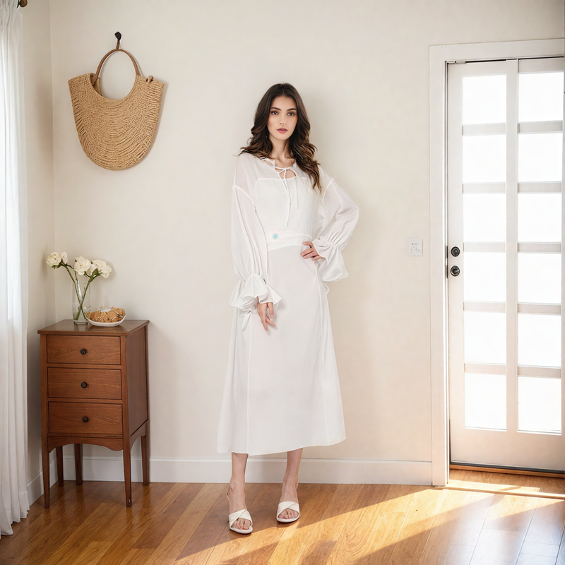 V-neck Long Sleeve Drawstring Waist-cinching Dress