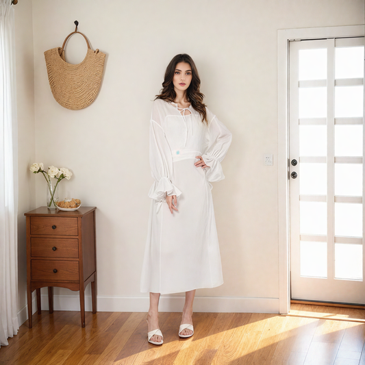 V-neck Long Sleeve Drawstring Waist-cinching Dress