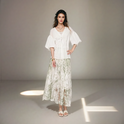 V-neck Lantern Sleeve Adjustable Tie Top