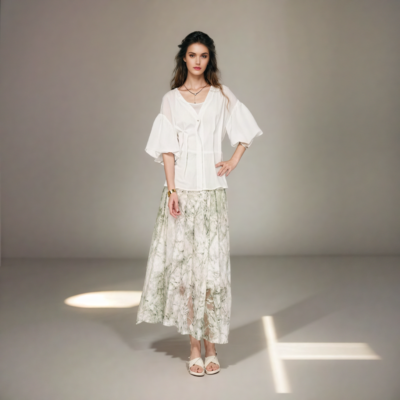 V-neck Lantern Sleeve Adjustable Tie Top