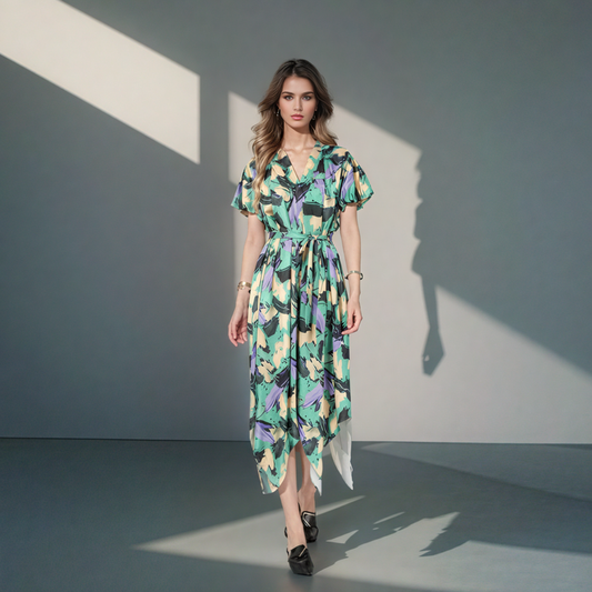 V-neck Waist-cinching Irregular Hem Printed Dress
