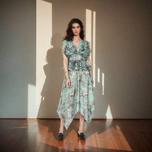 V-neck Waist Ruffle Design Irregular Hem Dress