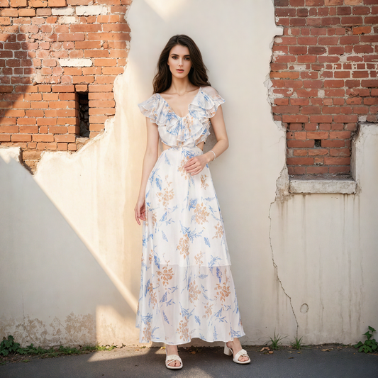 V-neck Ruffle Sleeves Backless Printed Dress