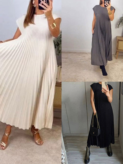 Round Neck Sleeveless Pleated Long Dress
