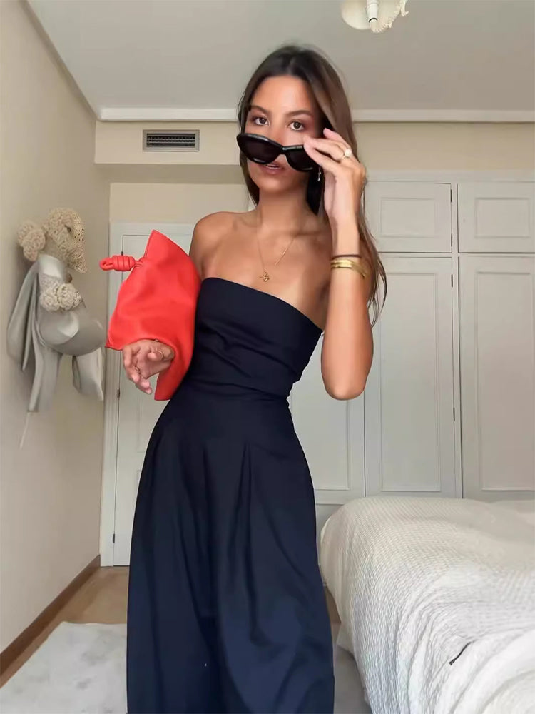 Solid Color Strapless Double Pocket Jumpsuit