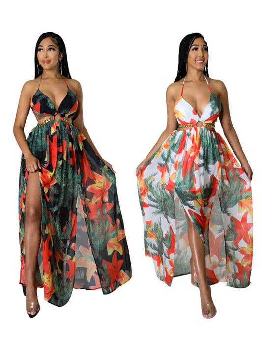 Halter Neck Backless Printed Maxi Dress