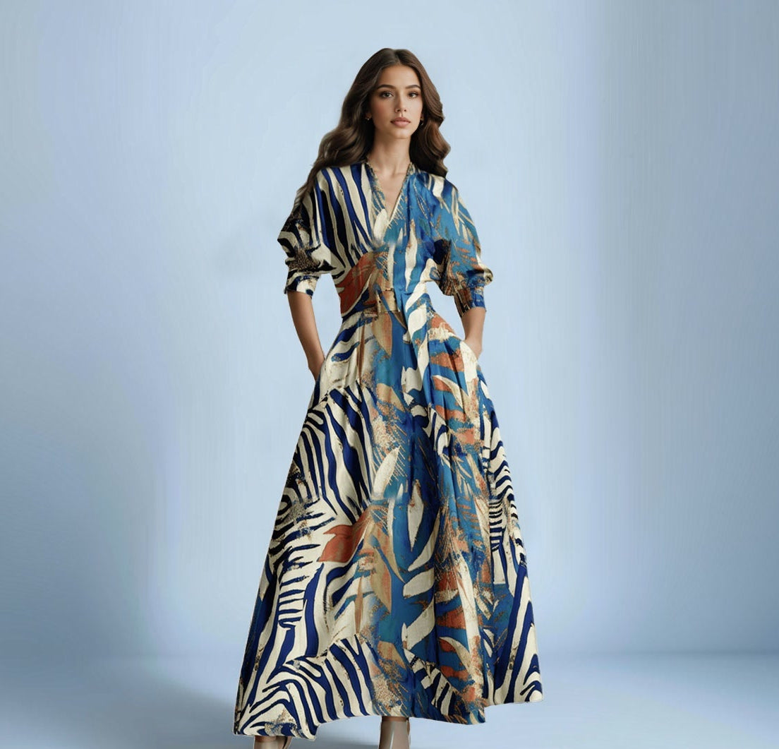 V-Neck Short Sleeve Waist-cinching Printed Maxi Dress with Belt