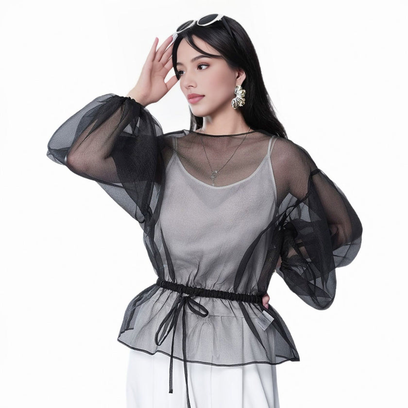 Puff Sleeve Drawstring Mesh See-through Top