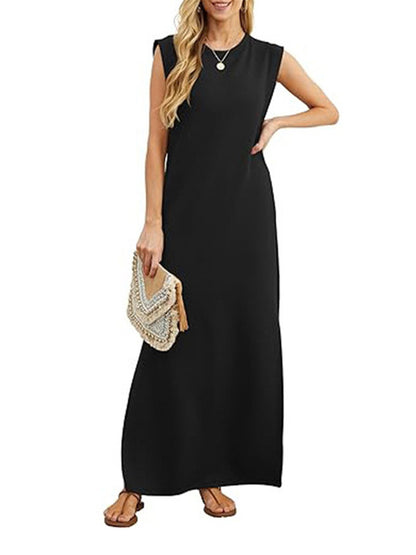 Solid Color Round Neck Side Slit Pocket Dress