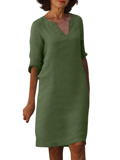 V-neck High Waist Solid Color Three-quarter Sleeve Dress