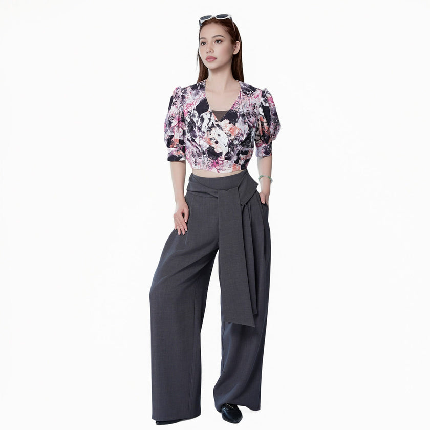 Cross Collar Loose Sleeve Printed Shirt