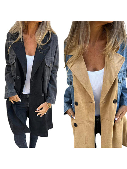 Suit Collar Denim Patchwork Mid-length Jacket