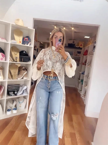 Half Turtleneck Short Front and Long Back Lace See-through Top