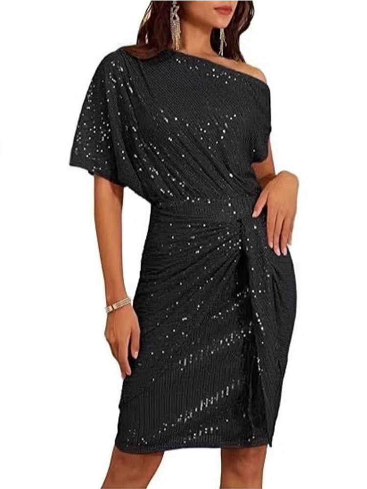 Off-shoulder Pleated Sequin Dress